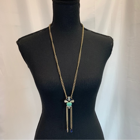Club Monaco navy blue teal gold tone crystal rhinestone long necklace - Picture 3 of 8
